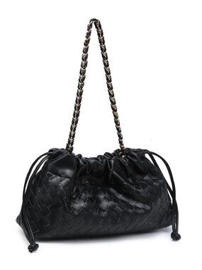 Urban Expressions Black Woven Shoulder Bag Gold Chain Drawstring NWT